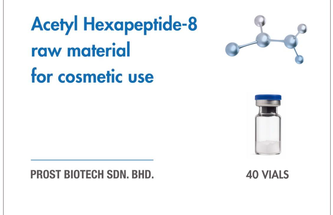 Front of the carton: Acetyl Hexapeptide-8 raw material for cosmetic use, Prost Biotech Sdn. Bhd., 40 vials.